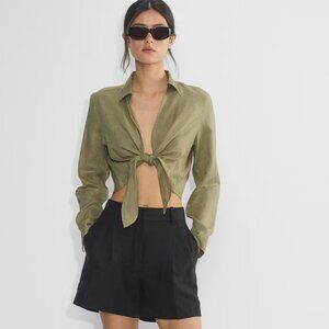 Babaton Linen tie-front blouse in Tan Colour